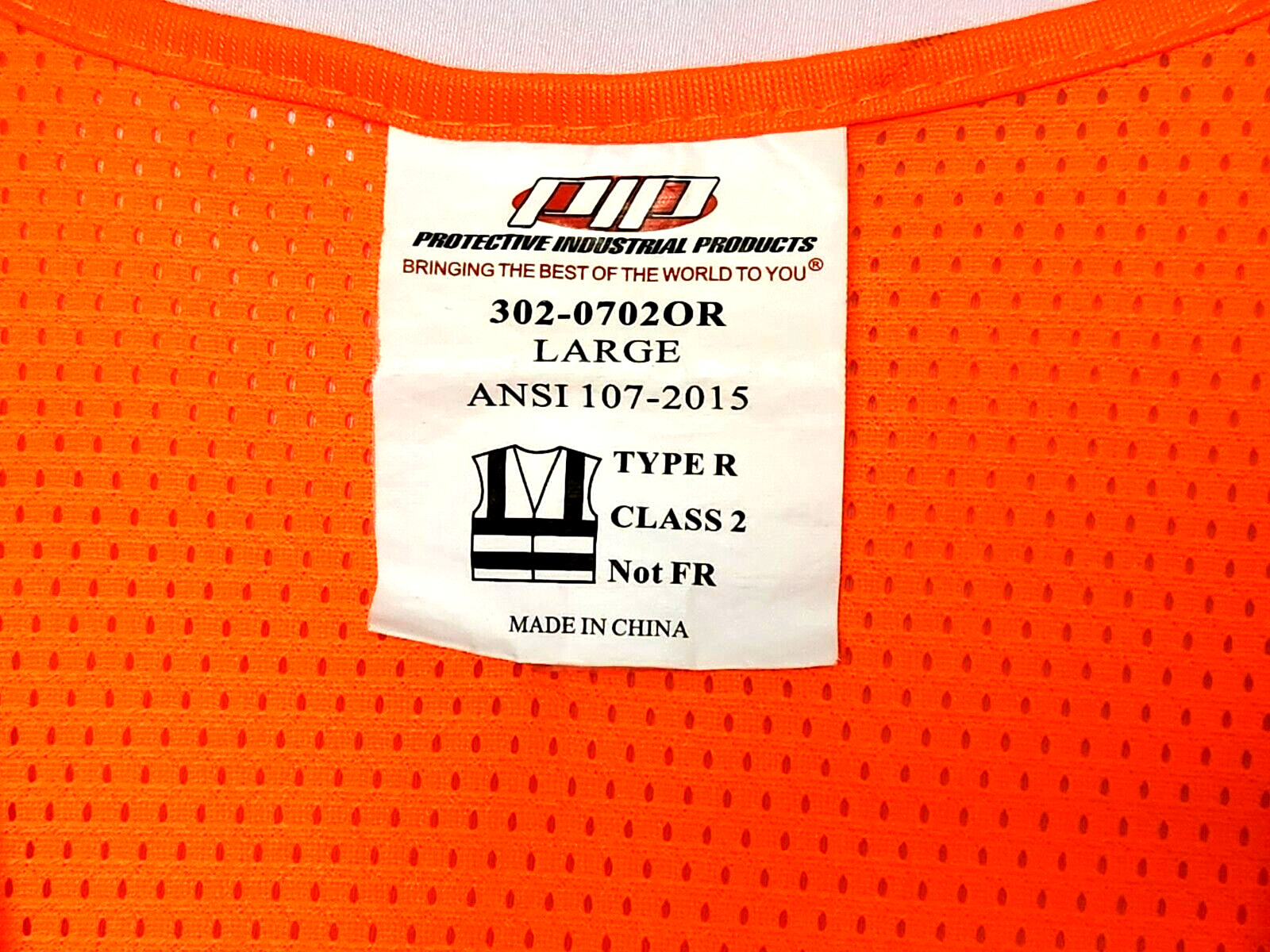 PIP Safety Vest Size Large with Pockets Hook and Loop Closure Type R Class 2