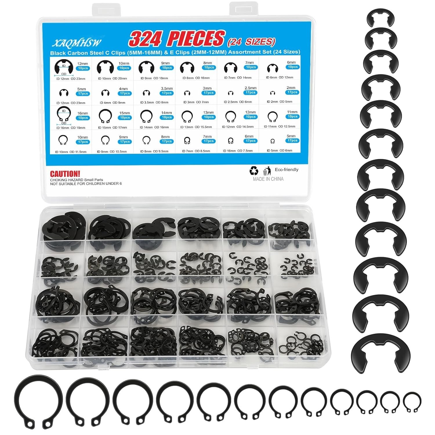 324Pcs C Clips & E Clips Assortment Kit 24 Sizes C Clip 5mm–16mm & E Clip