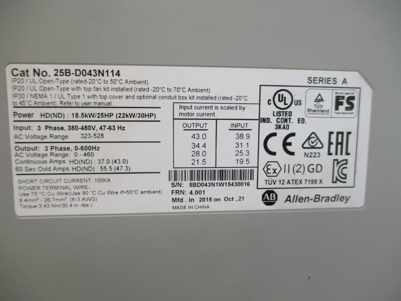 ALLEN BRADLEY 25B-D043N114 SER. A F/W 4.001 380-480VAC 37.0A NSMP