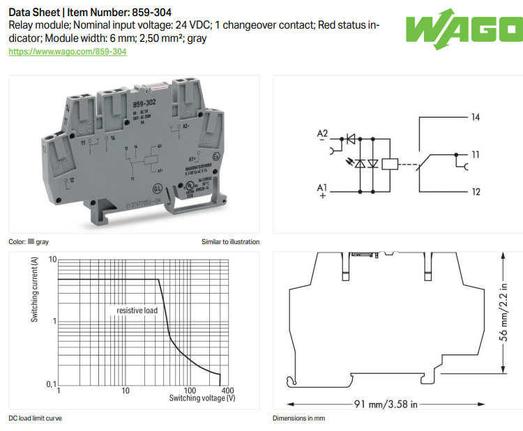 Wago 859-304 power relay, SPDT, 24 VDC, 5 A, DIN Rail, non-latching Used