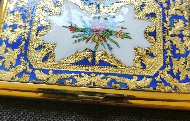 Vtg French Blue Enamel Business Card Holder Case Floral Gold Leaf Royal