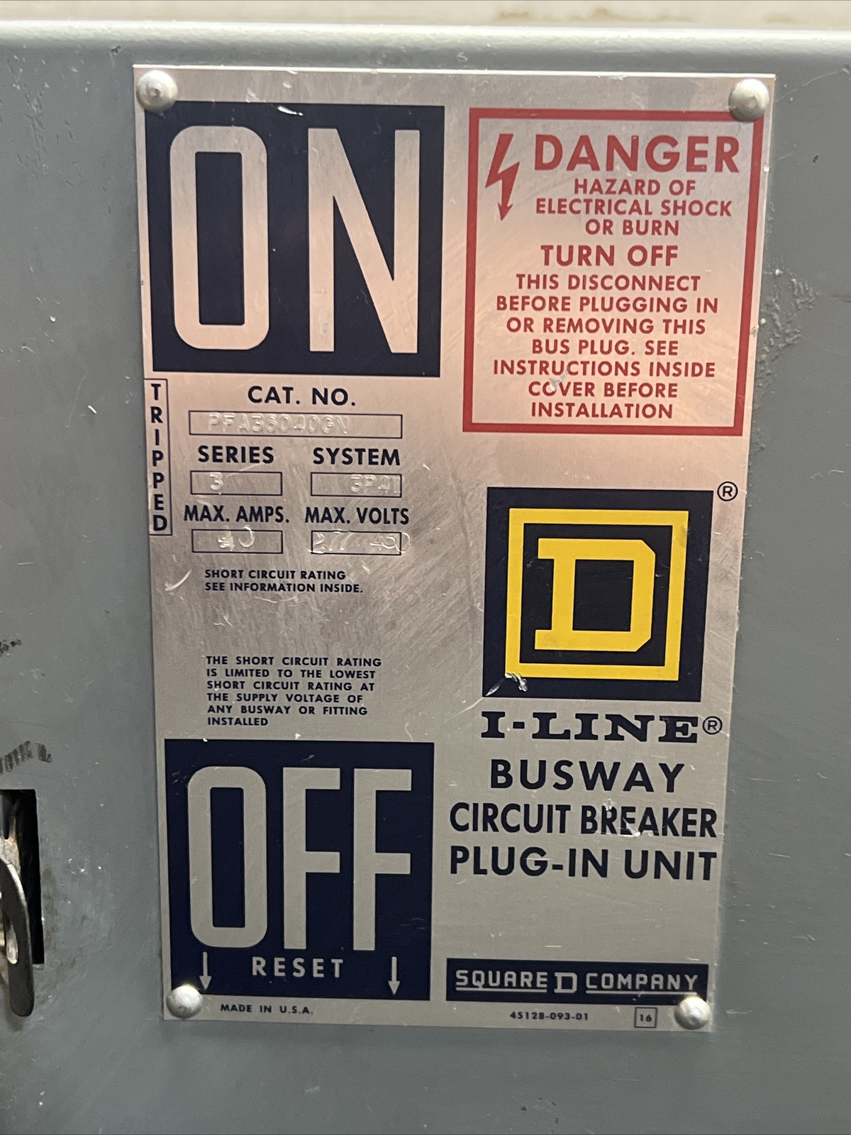 Used SQUARE D Busway Circuit Plug-in Unit PFA36040GN 40 AMPS