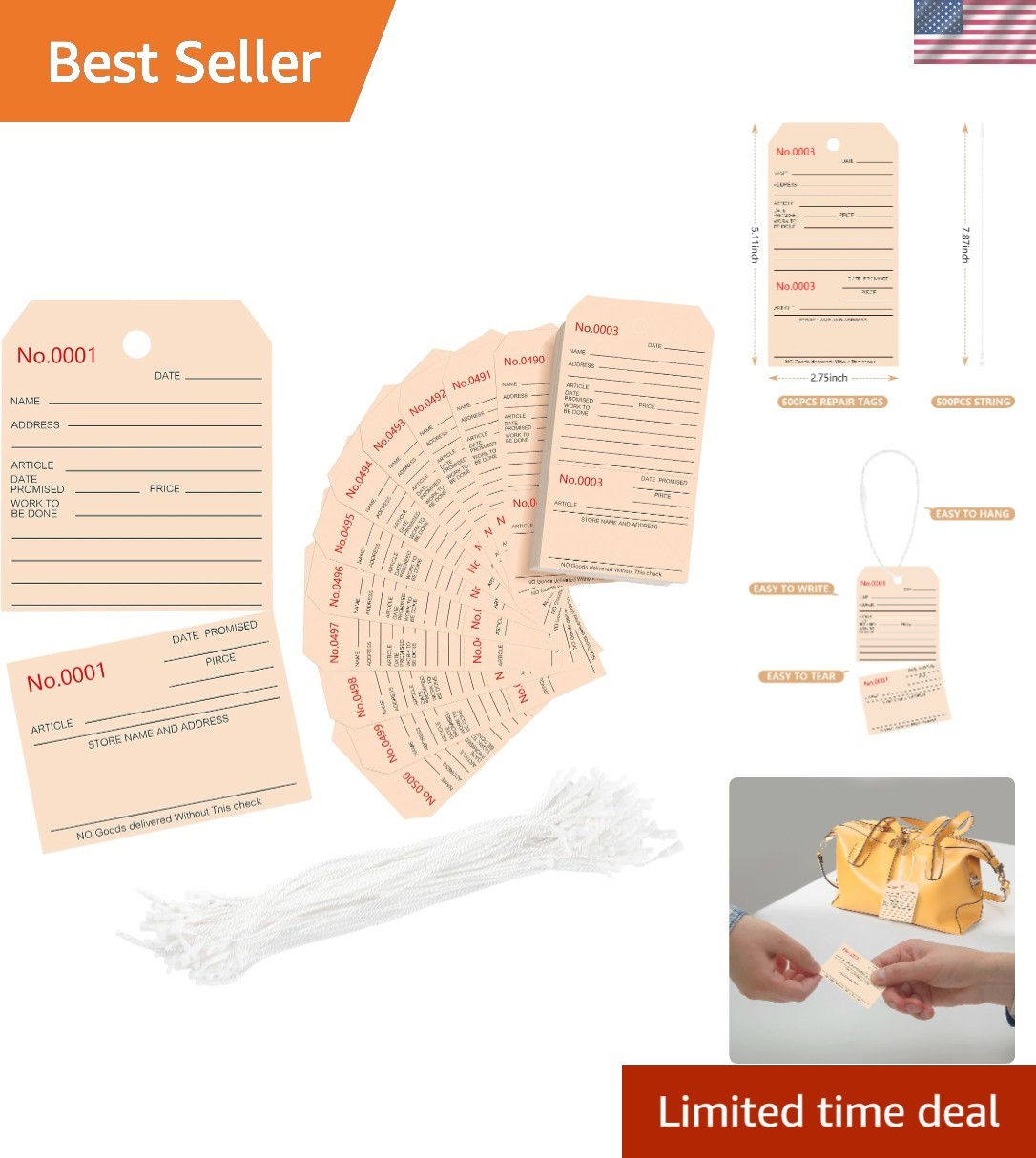 500Pcs Numbered Repair Tags with String,2.7X 5.1 Service Tag,Maintenance Label T