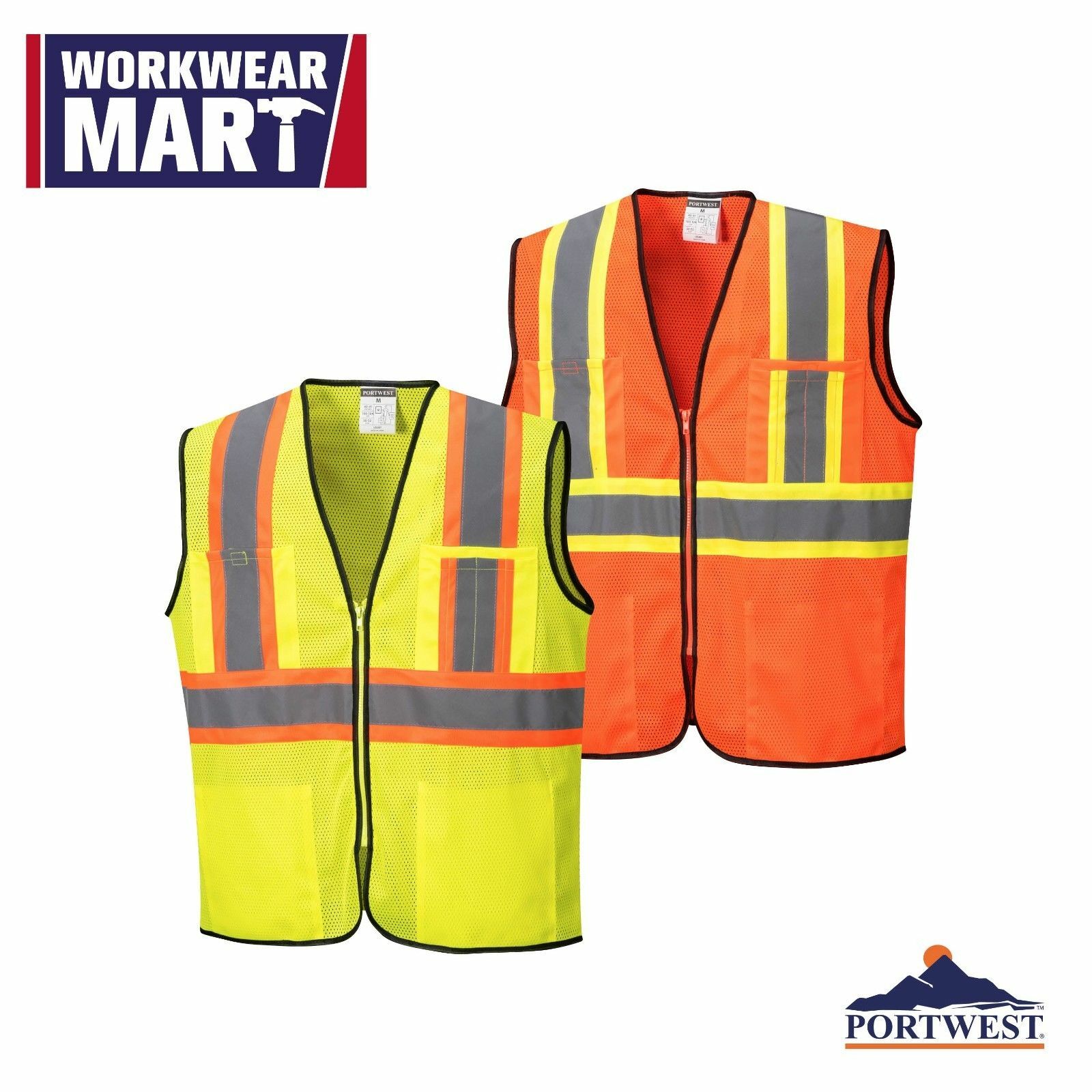 Portwest US381 Frisco Hi-Vis Contrast Reflective Safety Mesh Zipper Vest ANSI