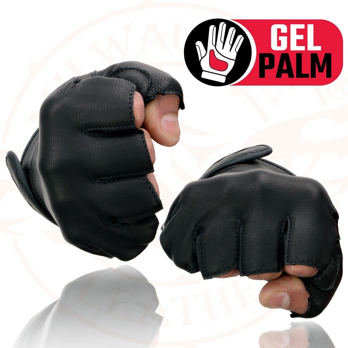 MG7585 Men’s Black Leather Gel Padded Palm Fingerless Motorcycle Hand Gloves w/F