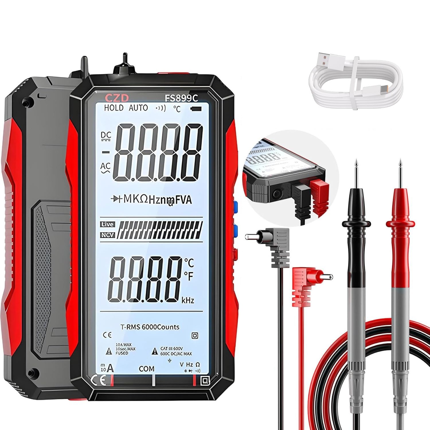 USB Rechargeable Digital Multimeter 6000 Counts Large Color Screen & Backlight