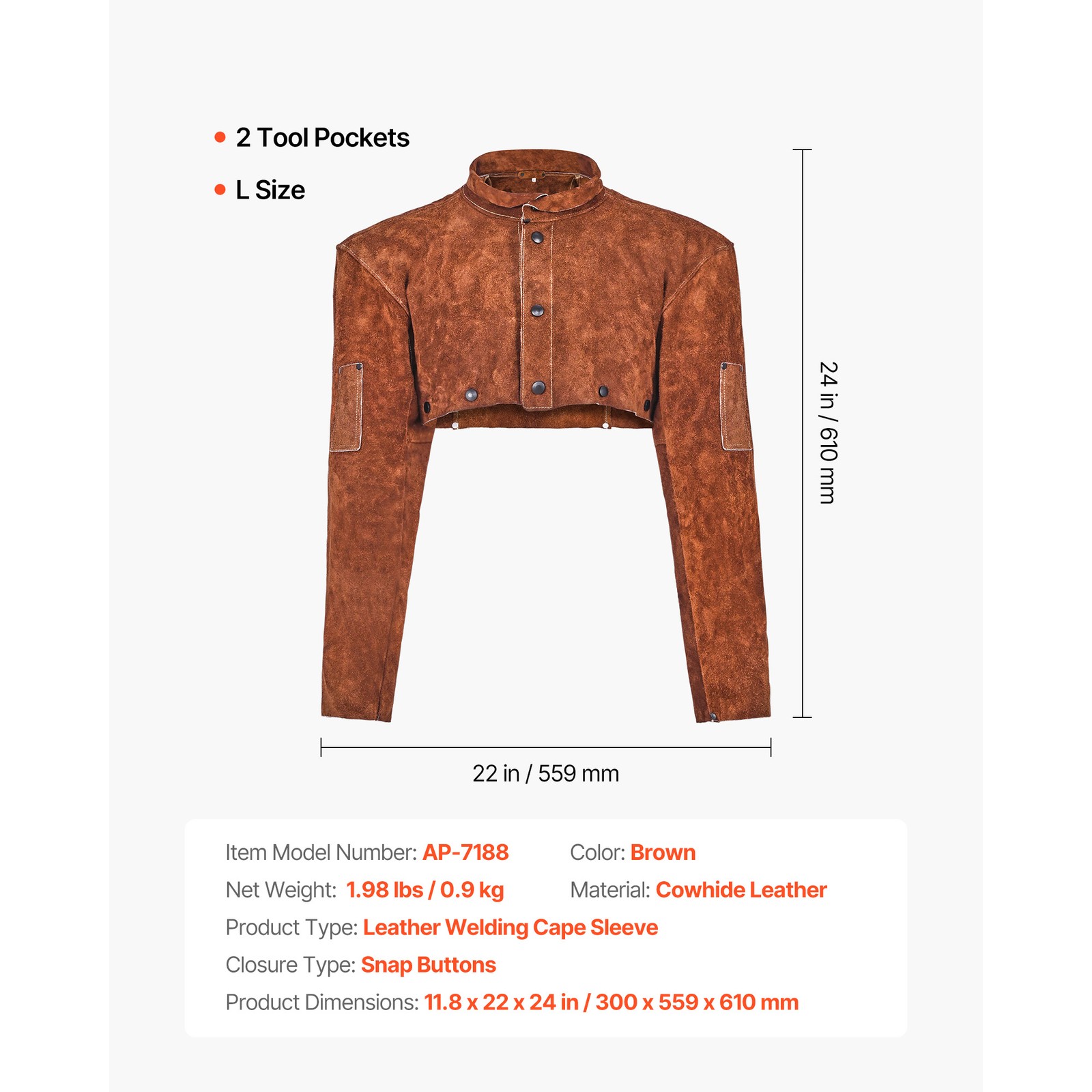 Uimoso Leather Welding Cape Sleeve, Flame-Resistant, Heavy-Duty, Size L
