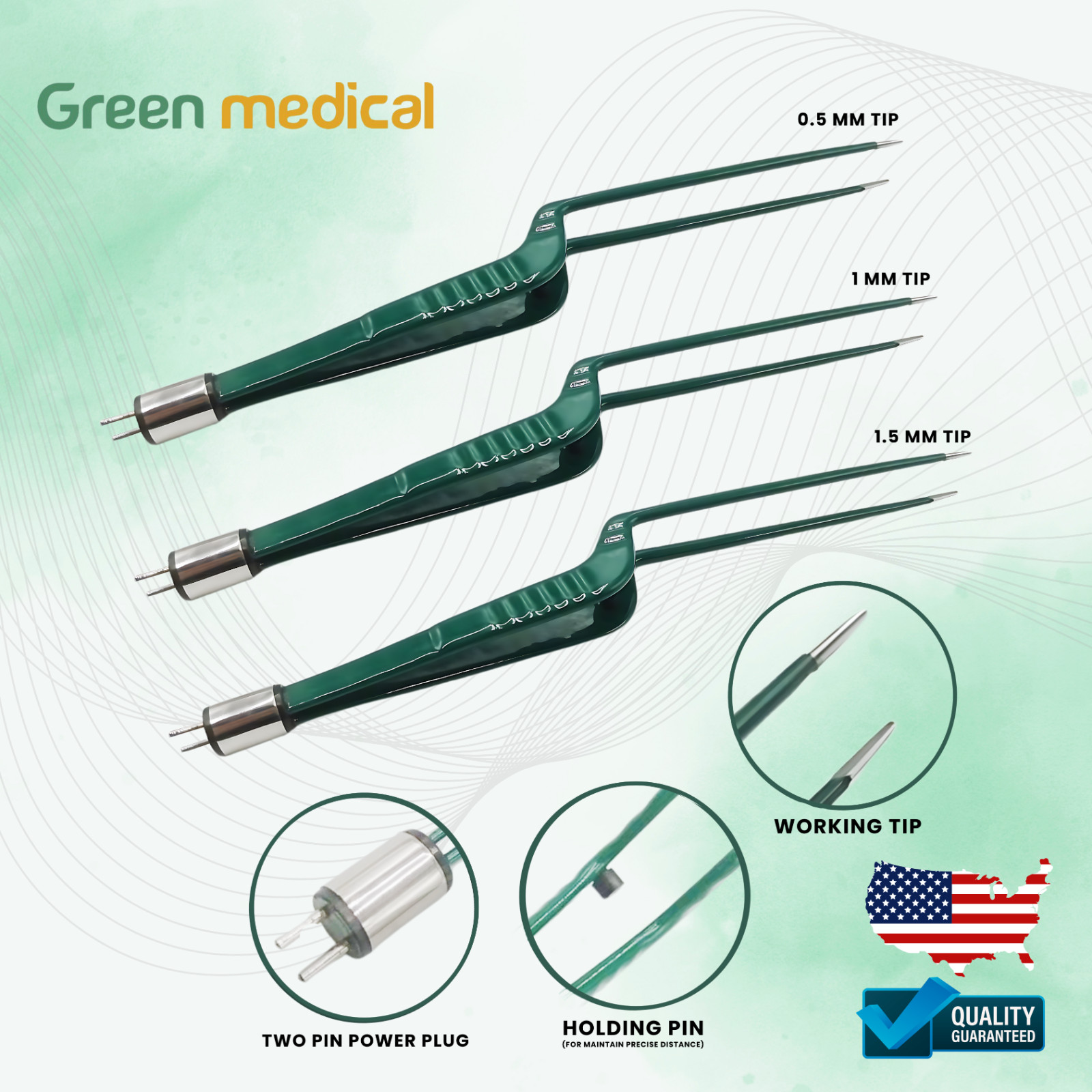 SET OF 3 Non-Stick Bipolar Forceps Us Connector 2 pin, 22cm TIP 0.5mm,1MM,1.5MM