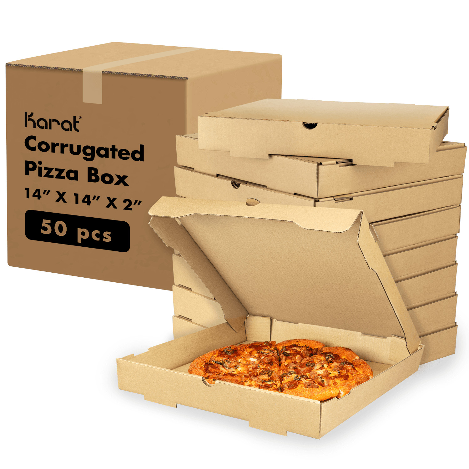 Karat Corrugated Pizza Box, 14”x14”x2”, Kraft – 50 pcs, FP-PBF14K