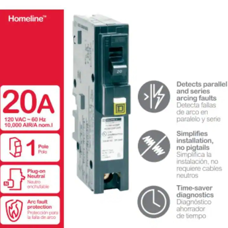 Square D Homeline 20 Amp AFCI Breaker 1 Pole Plug On Neutral Circuit Breaker