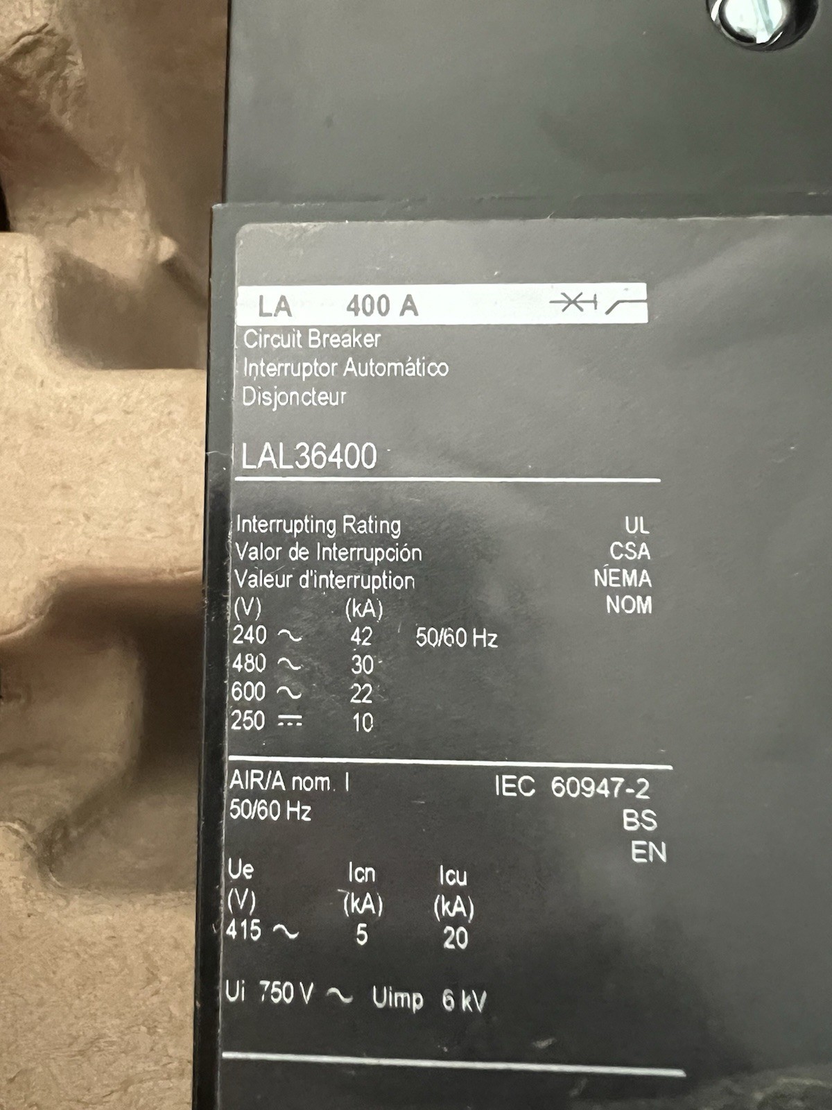 Square D LAL36400 Circuit Breaker 400A 3 Pole 600VAC Trip Indicator