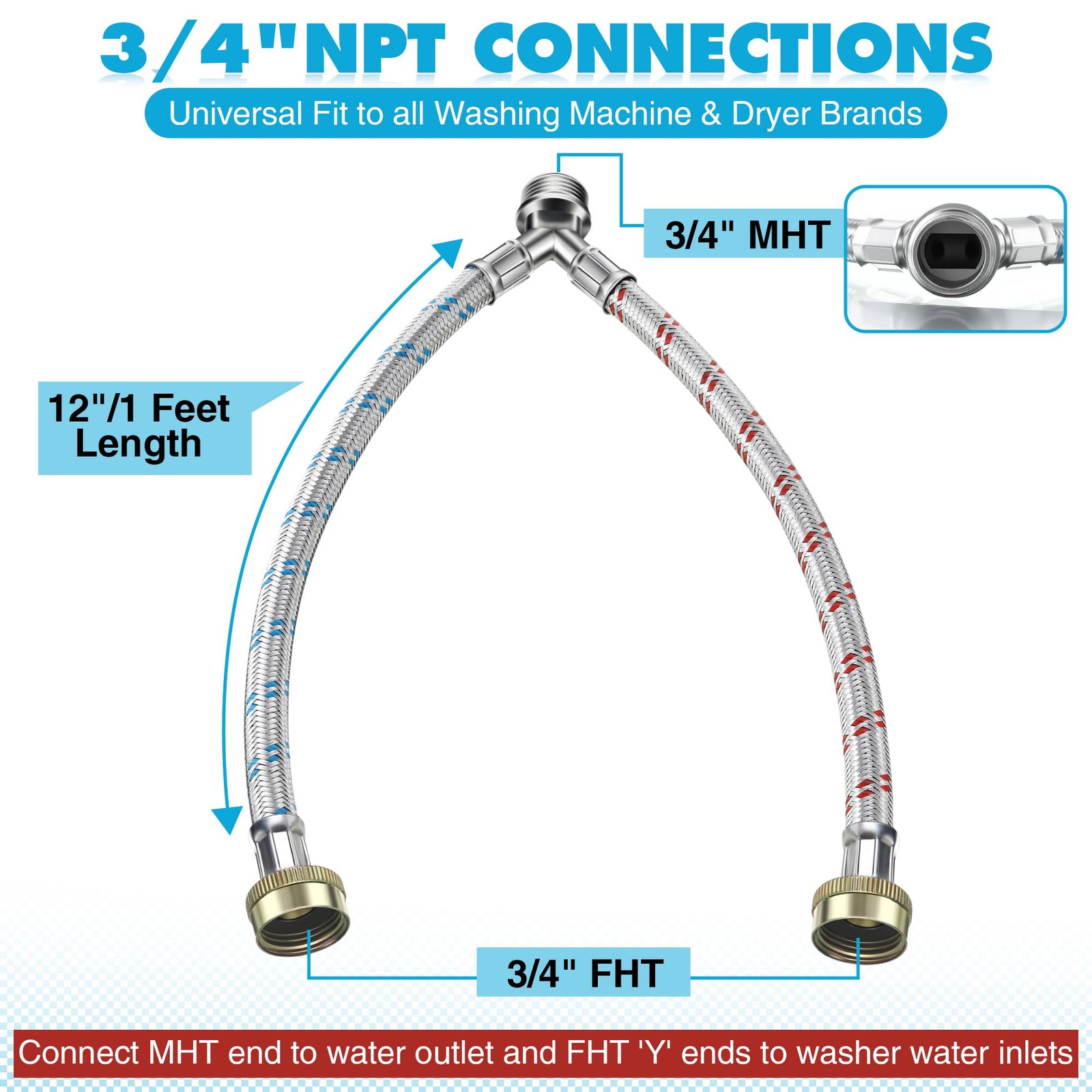 Dreyoo Hose Y Connector, 1 Ft Washing Machine Y as the picture shown