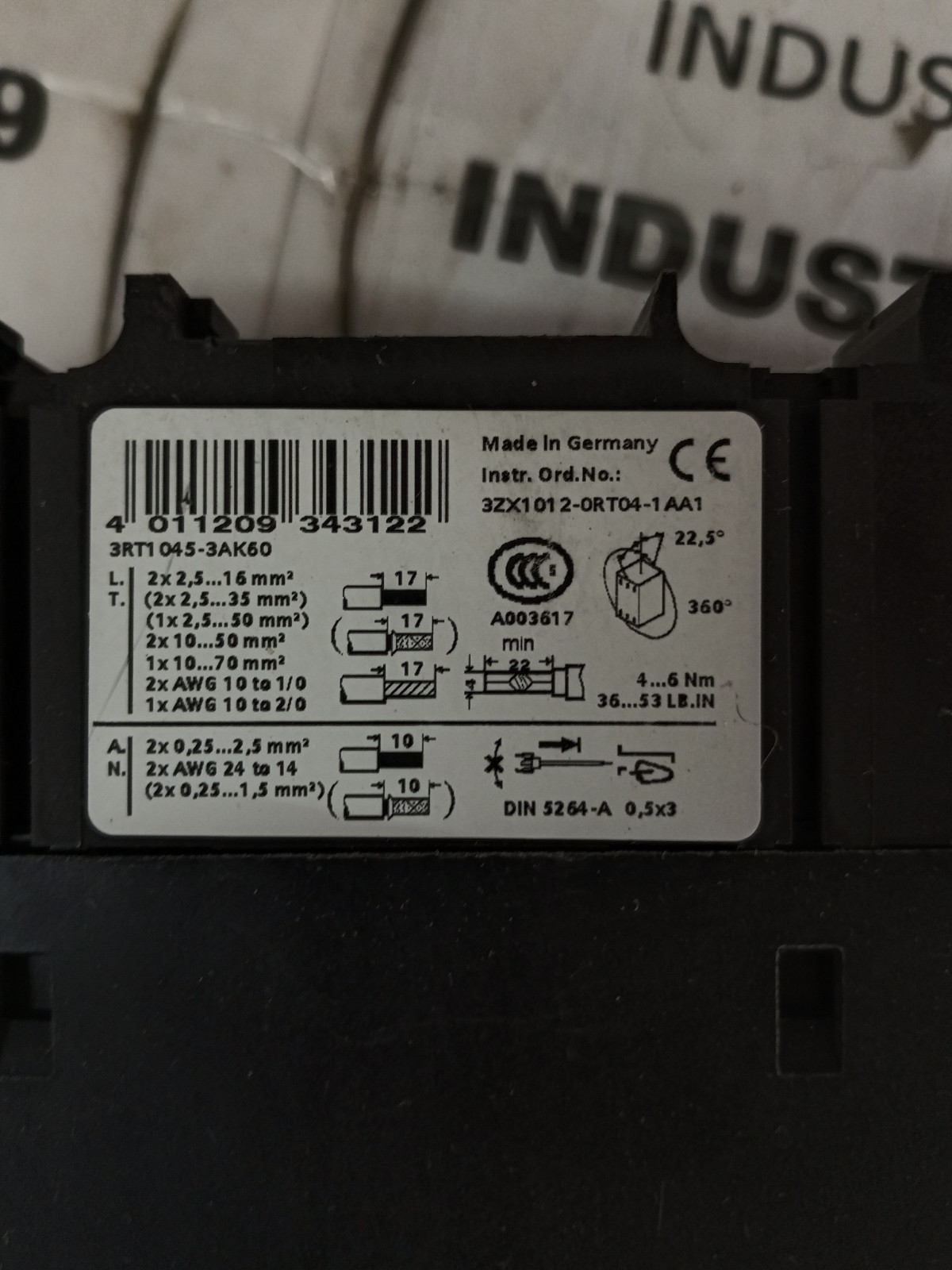 SIEMENS SIRIUS CONTACTOR 3RT1045-3AK60