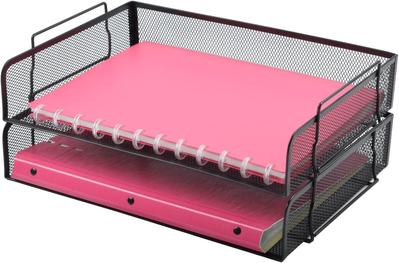 2 Tier Stackable Desktop Document Letter Tray Organizer Black Mesh Collection