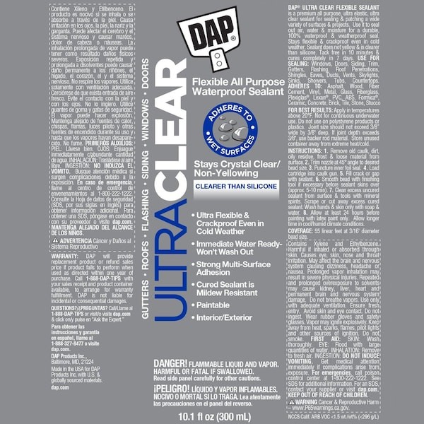 Dap 7079818388 Hybrid Sealant, 10 Oz, Cartridge, Clear, Hybrid Base, Ultra Clear