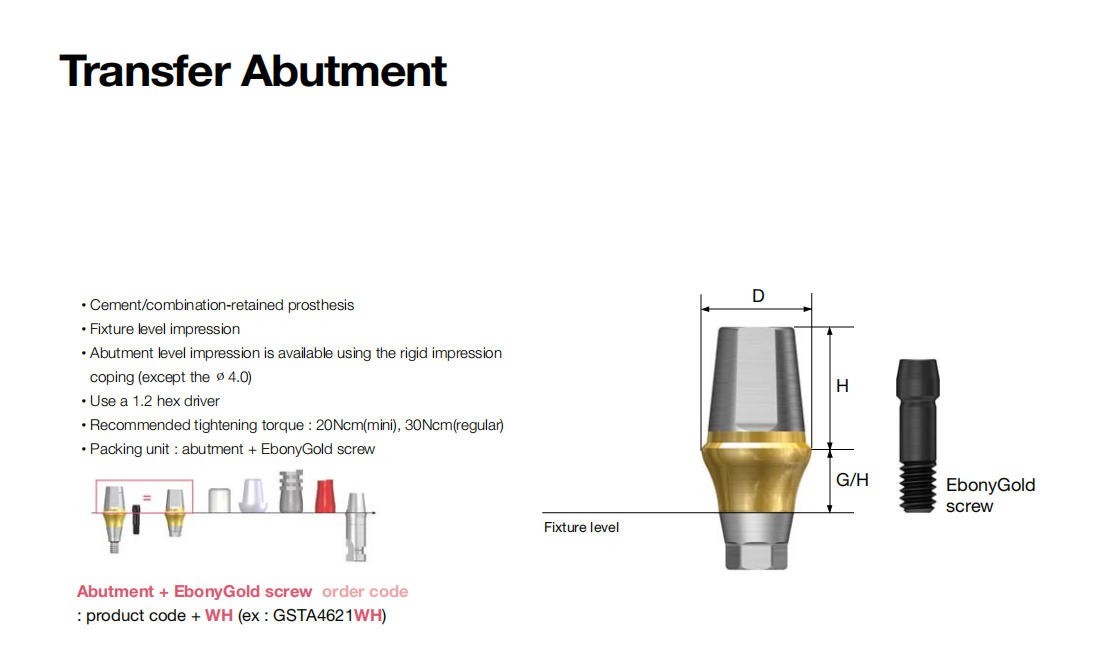 Dental Straight Transfer Abutment Regular Ø5.0 mm Hex GH 1–6 mm Hiossen/Osstem