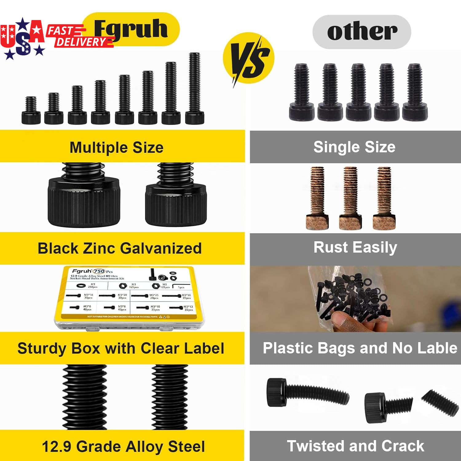 750PCS M3 Screws Assortment Kit, M3X6/8/10/12/16/20/25/30 Mm Hex Socket Head Bol