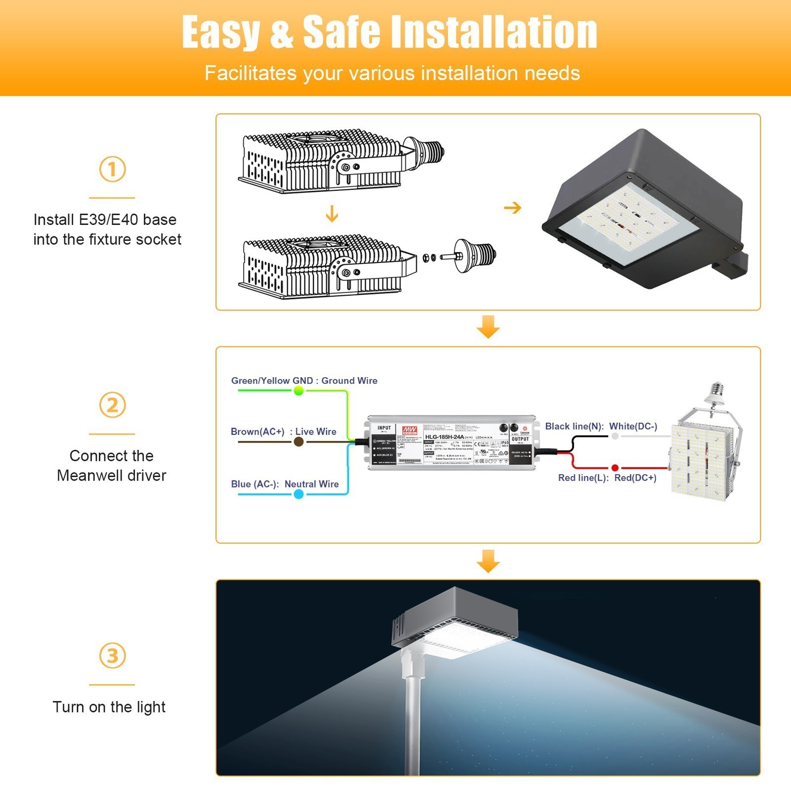 150 Watt Parking Lot Road Post Light LED Shoebox Retrofit Kit 600W MH/HPS Eqival