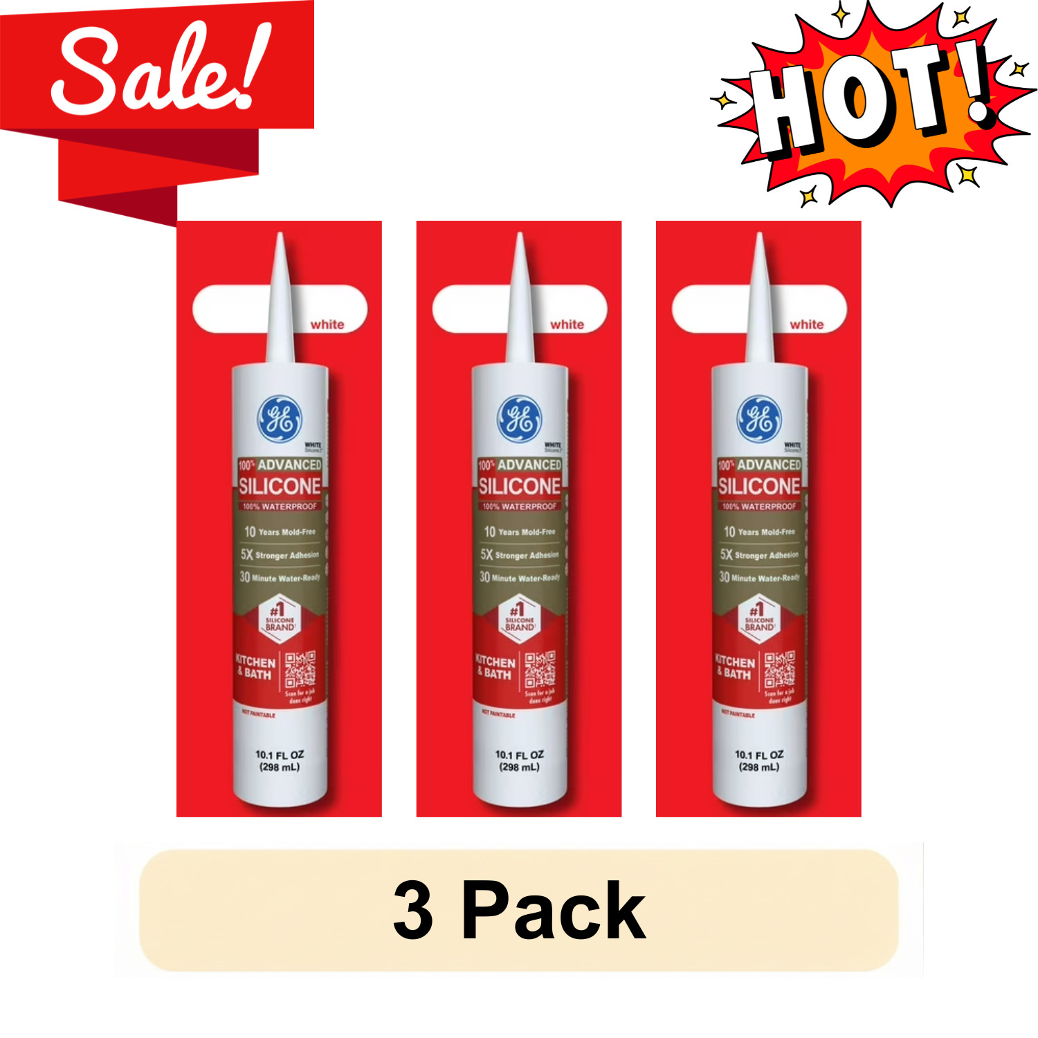 3-Pack GE Advanced Silicone Kitchen & Bath White 10.1 fl oz Caulk Cartridge