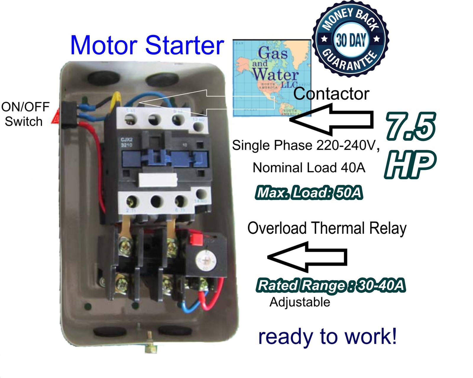 Magnetic Electric Motor Starter 7.5 HP Single Phase Control 220/240V 30-40A