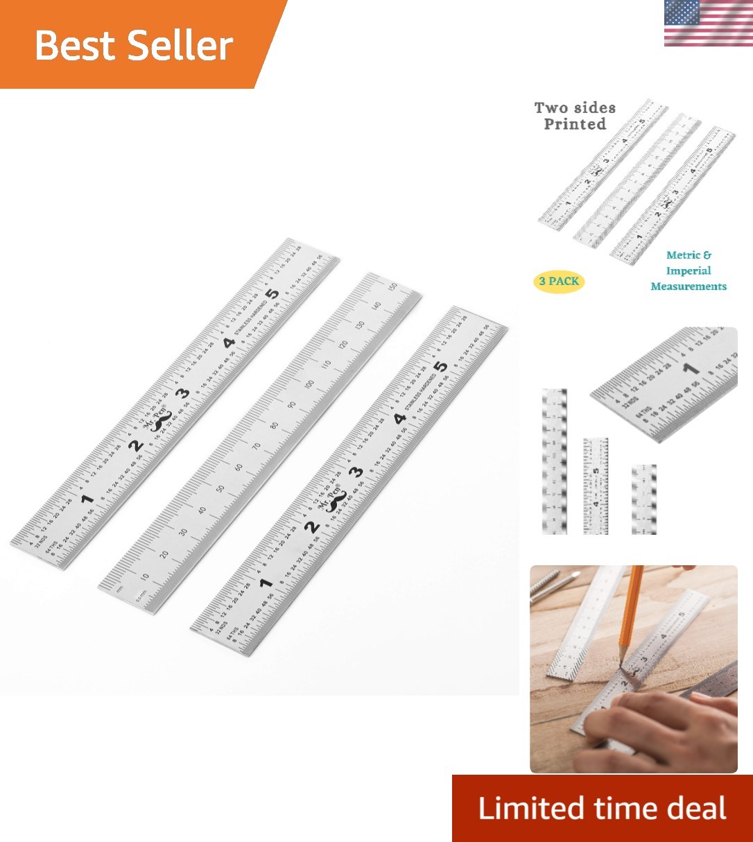 6 Inch Stainless Steel Machinist Ruler Set – Precision Measuring Tools (3 Pack)