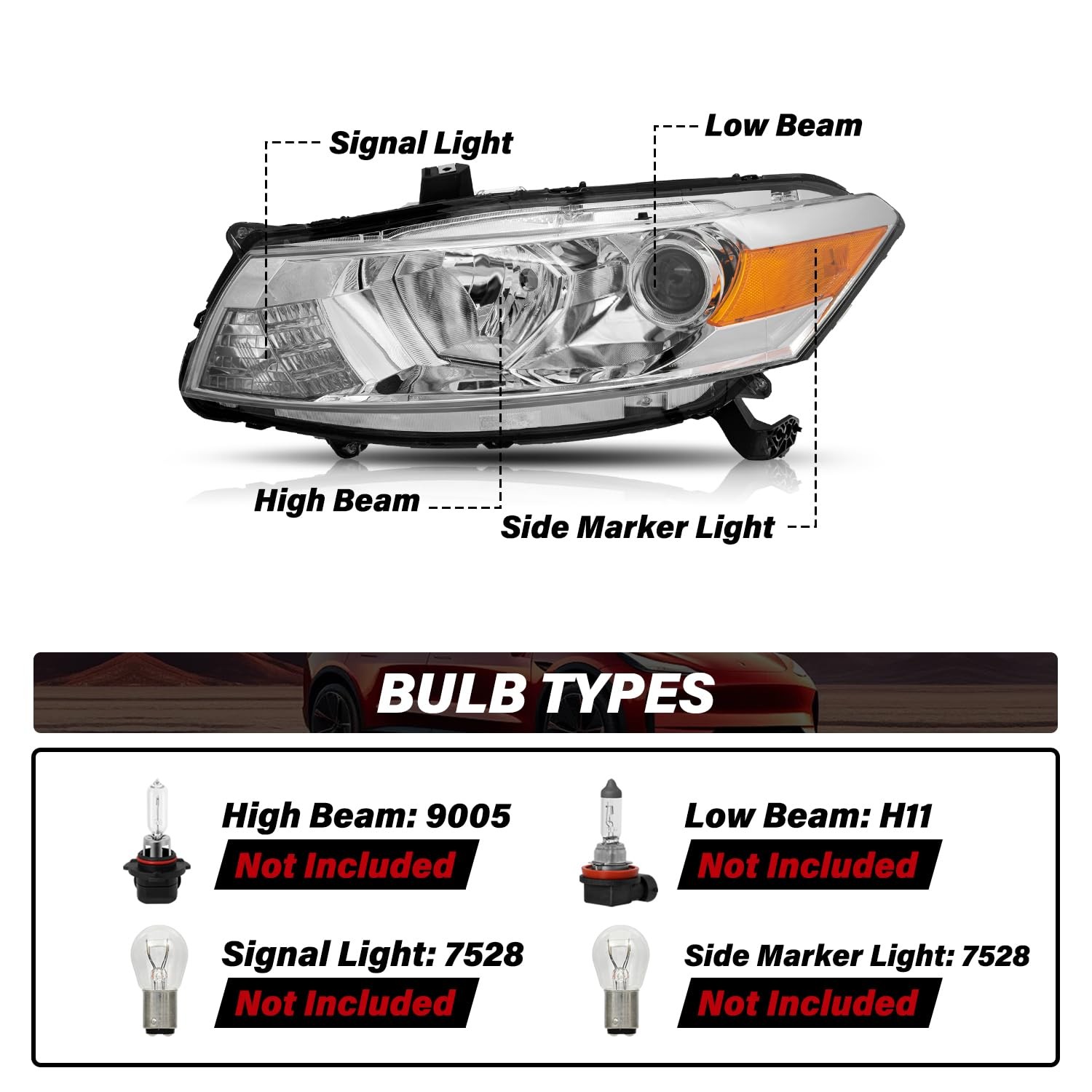 Headlight 2008-2012 Honda Accord Coupe Projector Chrome Amber Reflector (L+R)