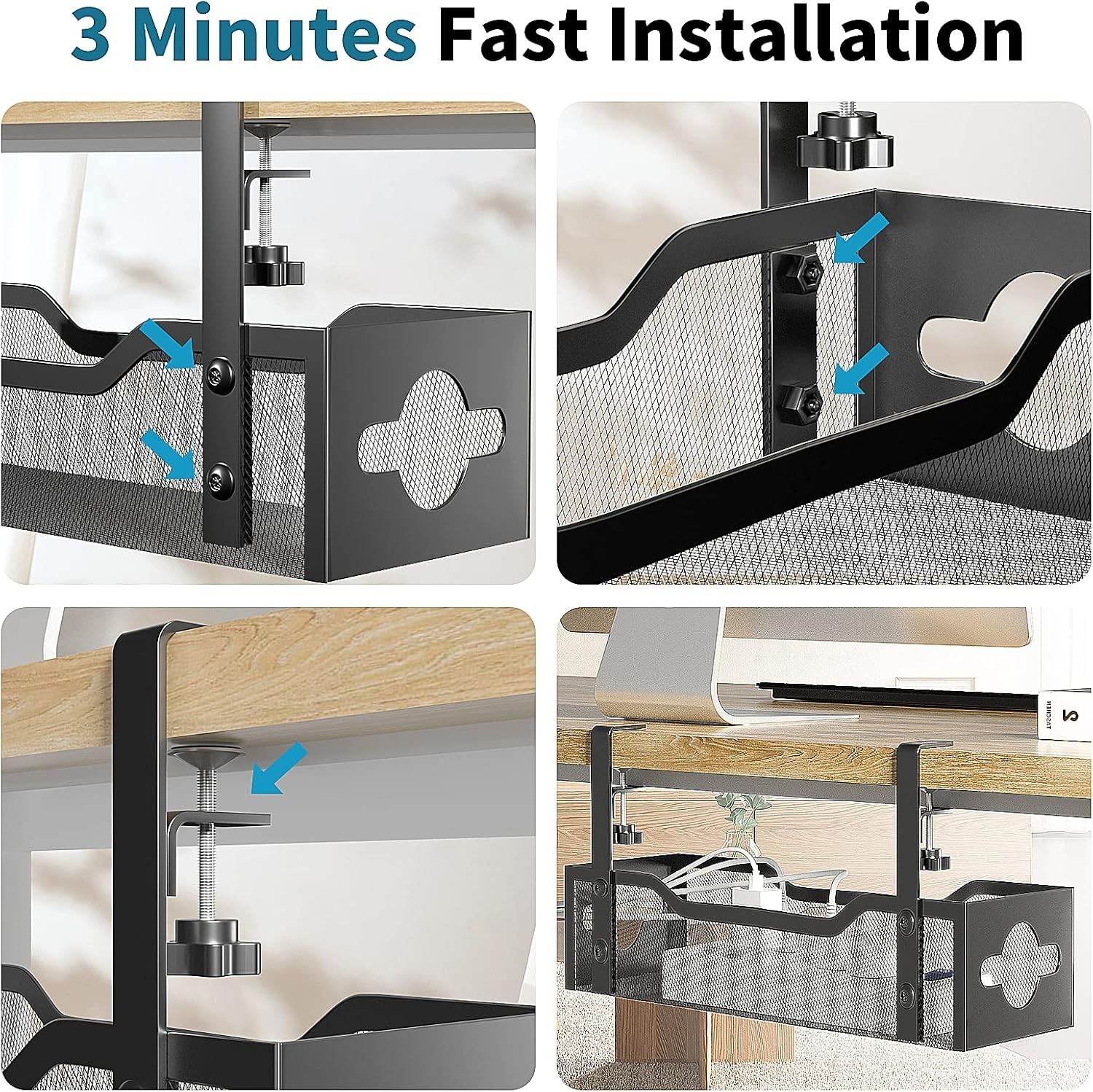 Under Desk Cable Management Tray No Drill 15.1’’, Metal Mesh Black