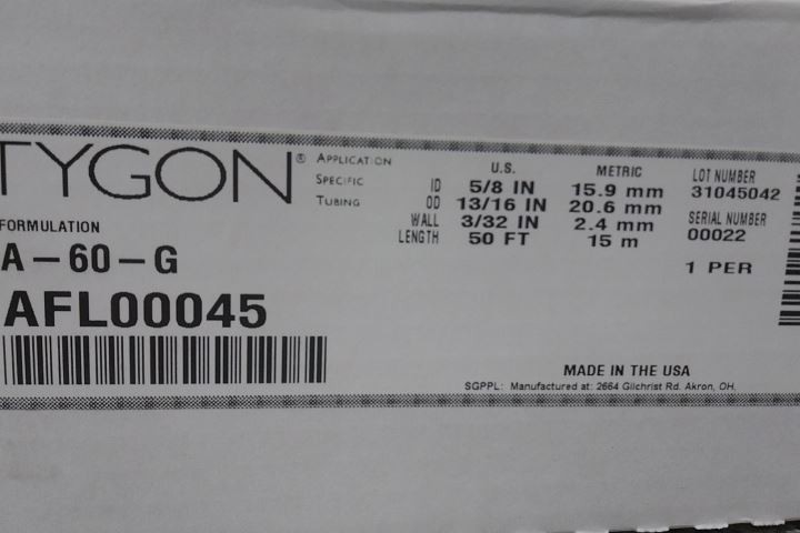Tygon AFL00045 5/8 In Inside Diameter 50 Ft Length Black Tubing