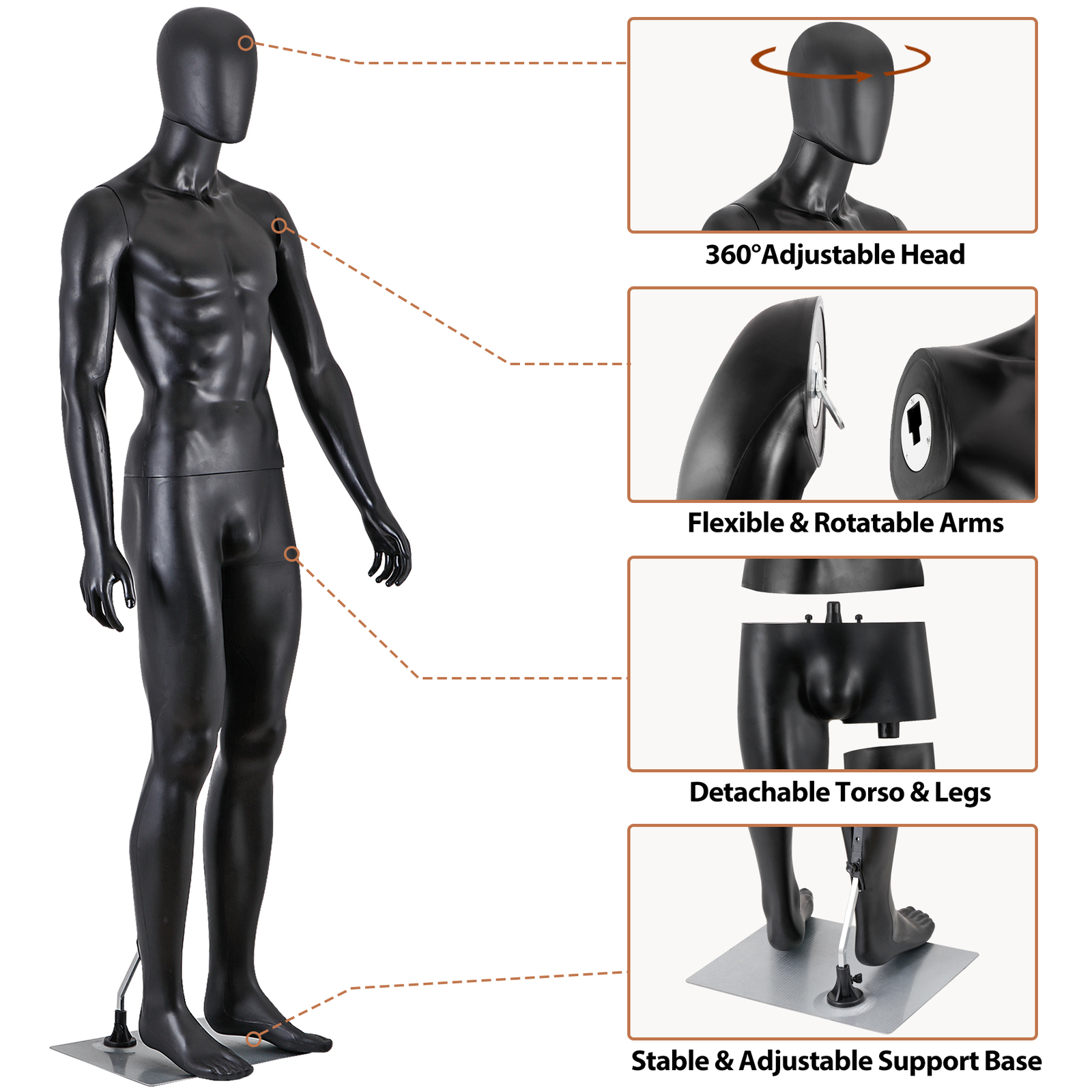 Male Mannequin Dress Form 73″ Adjustable Mannequin Full Body Stand w/Base Black