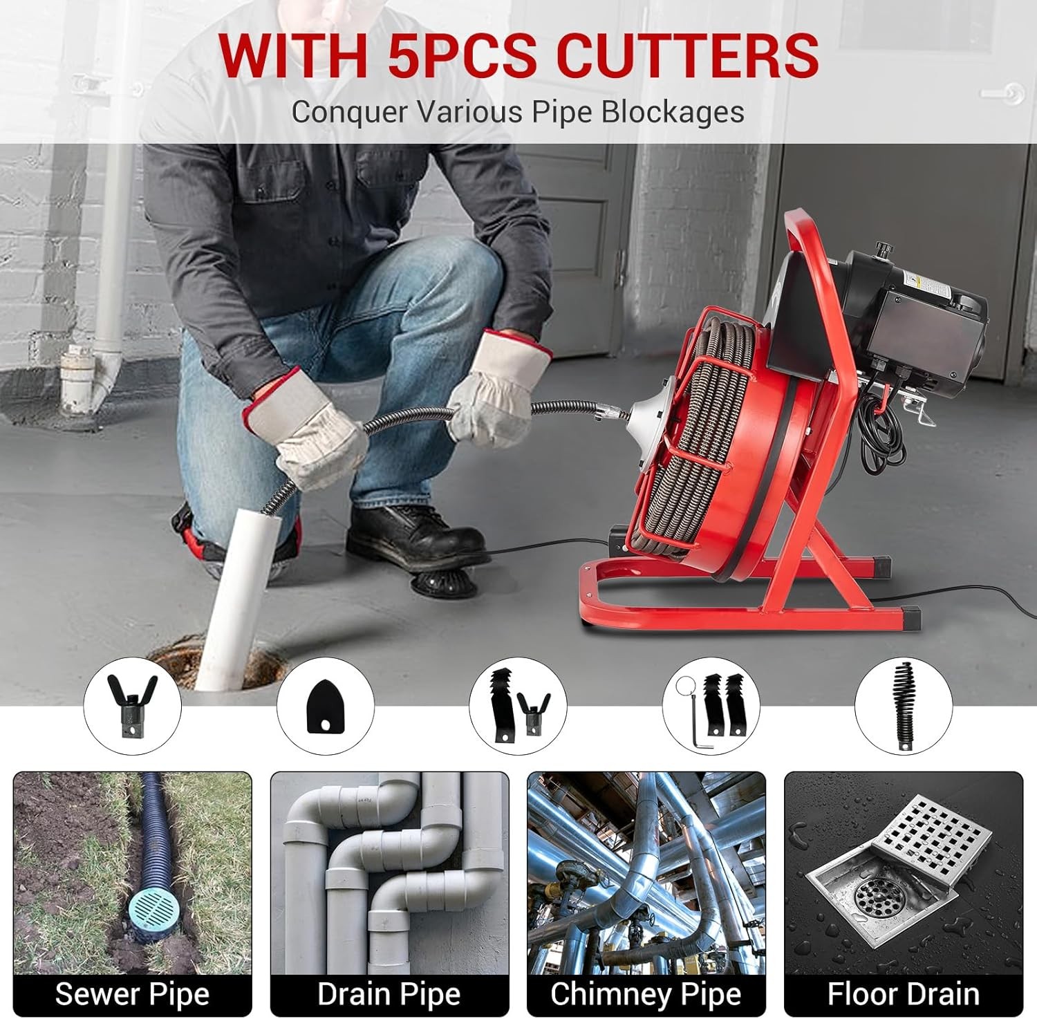 Drain Cleaner Machine Electric Drain Auger 75 FT x 1/2 In Auto Feed 1850RPM 450W