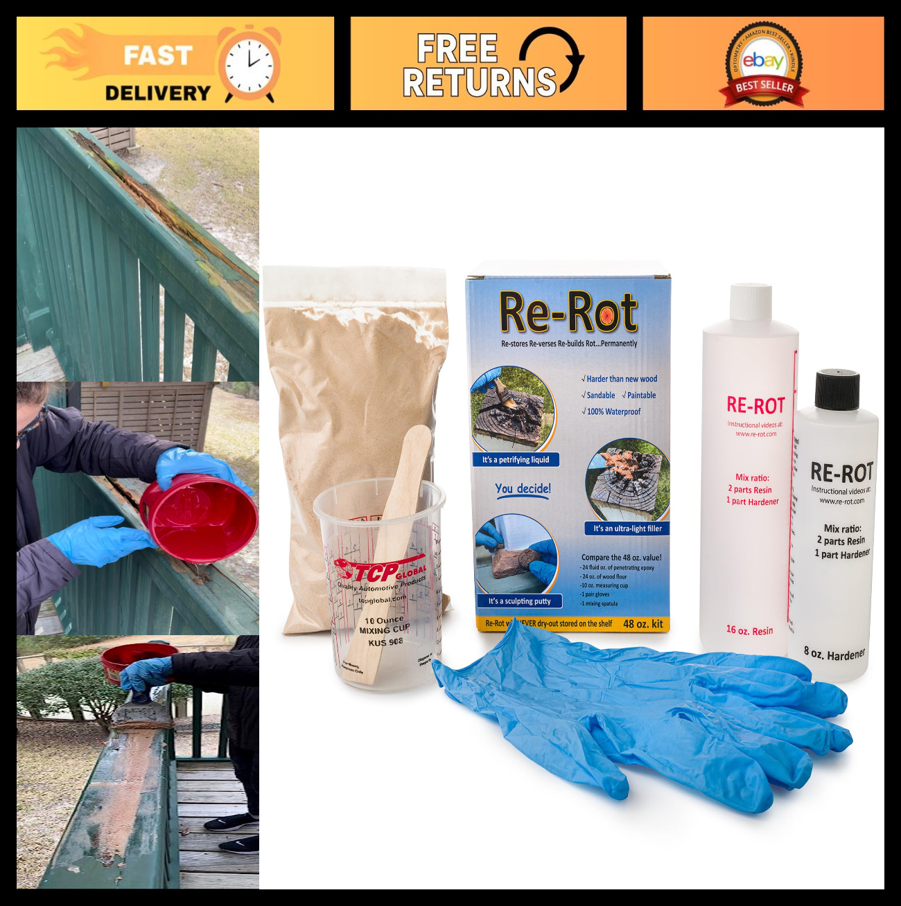48oz Epoxy Rot Repair Kit – Fast Drying, Easy Application, Restores Wood Strengt