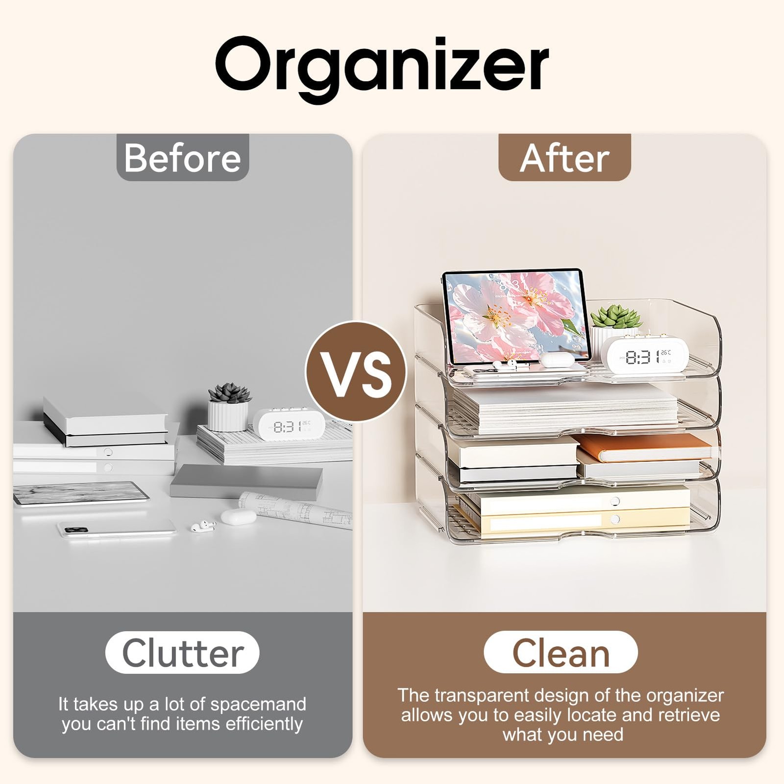 NUOGIC 4-Tier Large-Capacity Paper Organizer, 13 x 9.65 x 10.9 inches, Clear