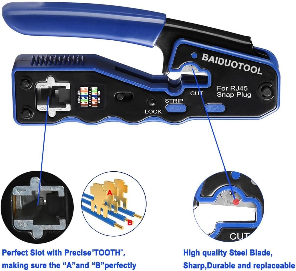 Pass-Through Crimper Cutter RJ45 Tool Kit for Cat5 Cat5e Cat6 Cat6a 8P8C Modular