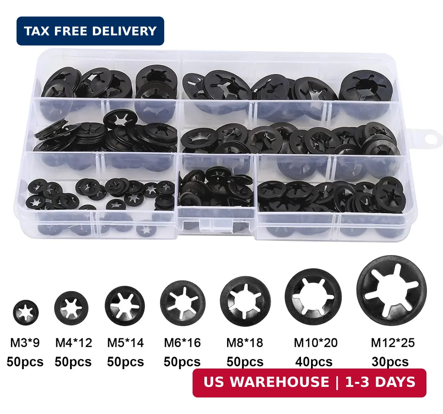 7 Sizes 320PCS Internal Tooth Starlock Washers,Quick Speed Locking Washers, Push