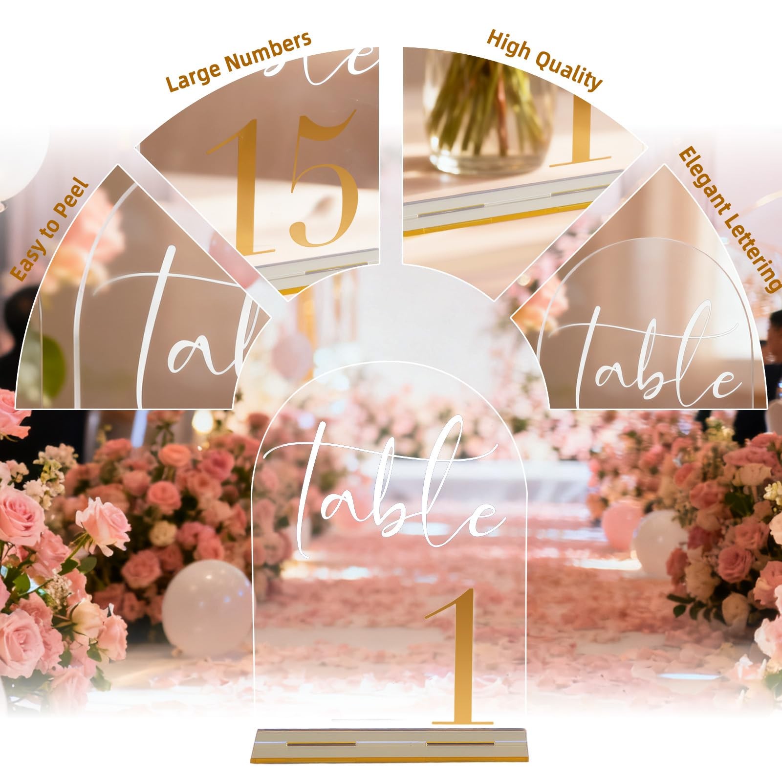 110 Clear Acrylic Arch Wedding Table Numbers Signs Gold Font Set 5×7 Inch