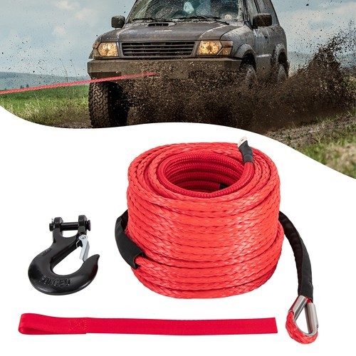 3/8″ x 100ft Synthetic Winch Rope with Hook – 23,809 lbs Breaking Strength