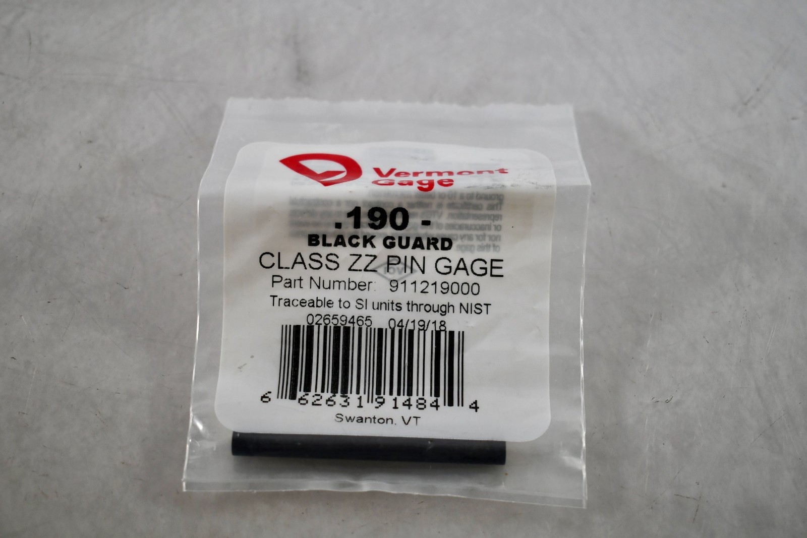 NEW Vermont Gage 911219000 Class ZZ Black Guard 0.190 Inch Minus Pin Gage