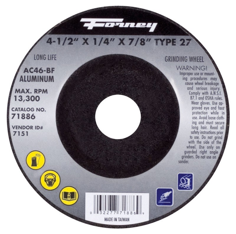 Forney 71886 Aluminum Oxide 13,300 rpm 4.5 Dia. in. Grinding Wheel 1/4 in. Thick