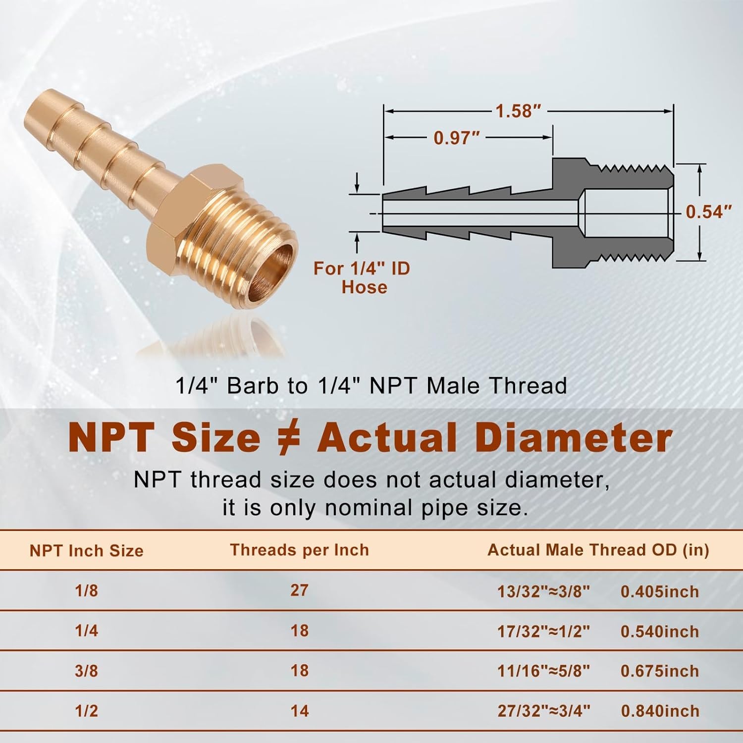 1/4 Inch Barb to 1/4 NPT Male Brass Hose Fitting Air Water Fuel Line Adapter 5PK
