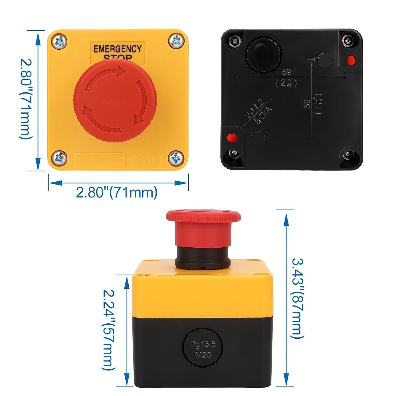 Red Emergency Stop Switch Weatherproof Push Button with Box 10A 660V 1NO 1NC