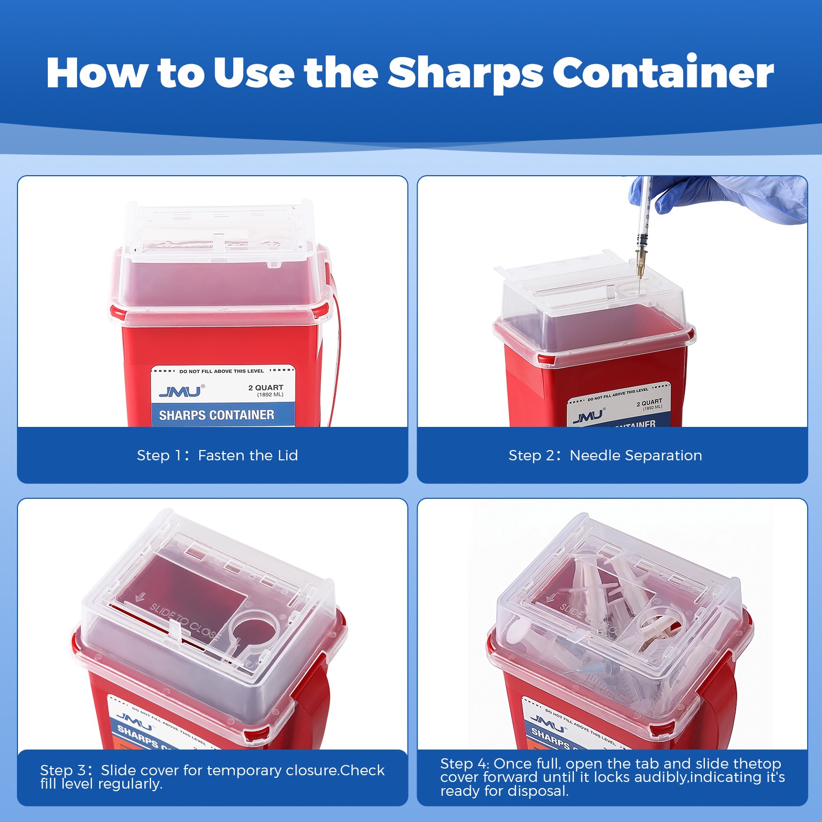 JMU Healthcare Red Base SharpStar Sharps Container 2 Quart Rotor Opening Lid