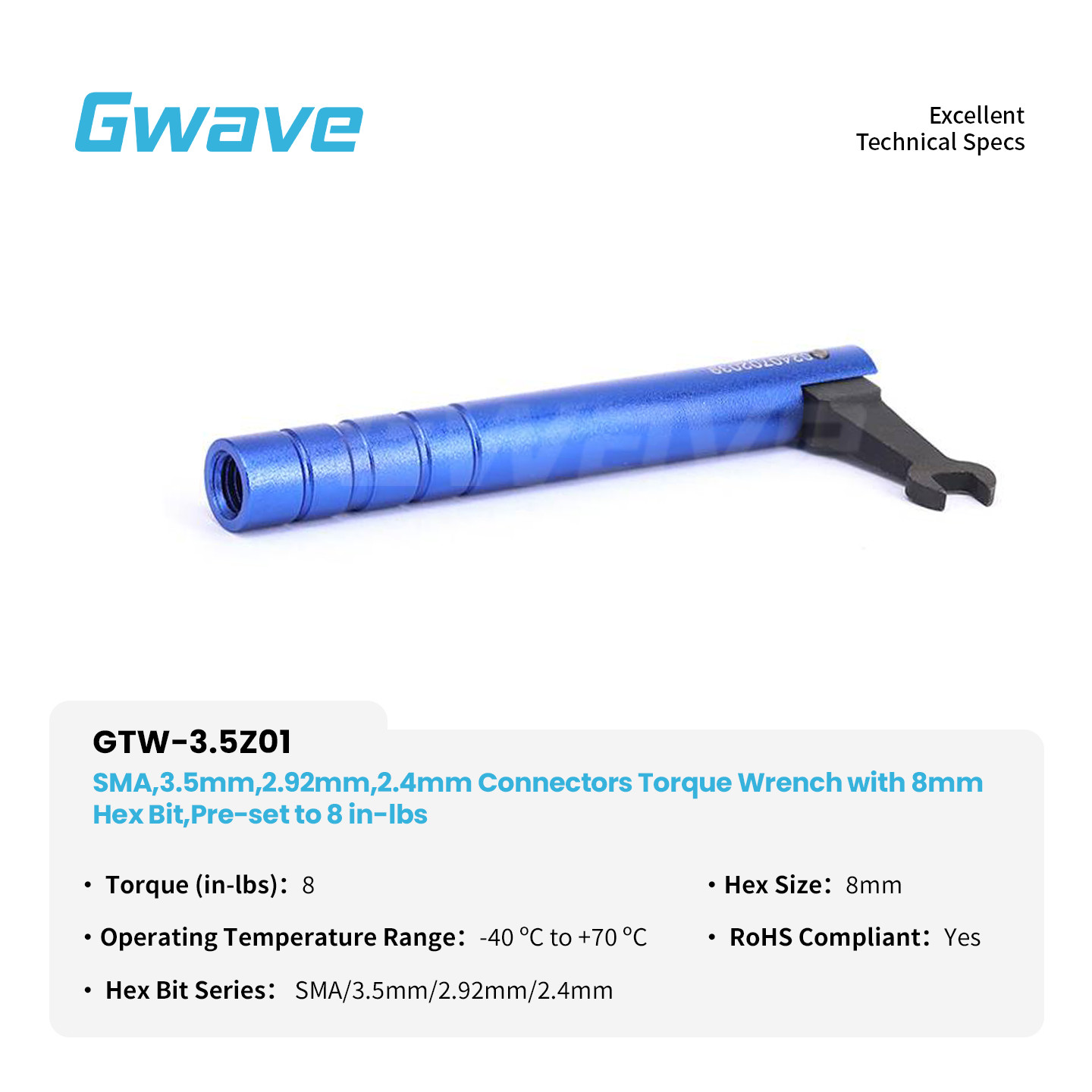 SMA/3.5mm/2.92mm/2.4mm Connectors Torque Wrench with 8mm Hex Bit, 8 in-lbs