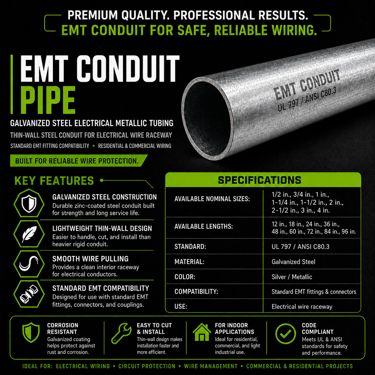 2″ Galvanized Steel EMT Conduit Pipe | Electrical Metallic Tubing