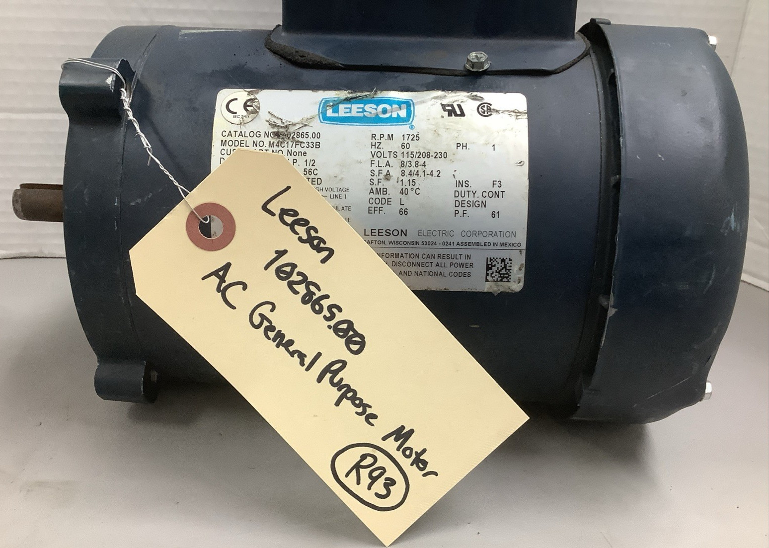 Leeson 102865.00 1/2HP 1725RPM 115/208-230V AC General Purpose Motor (R93)