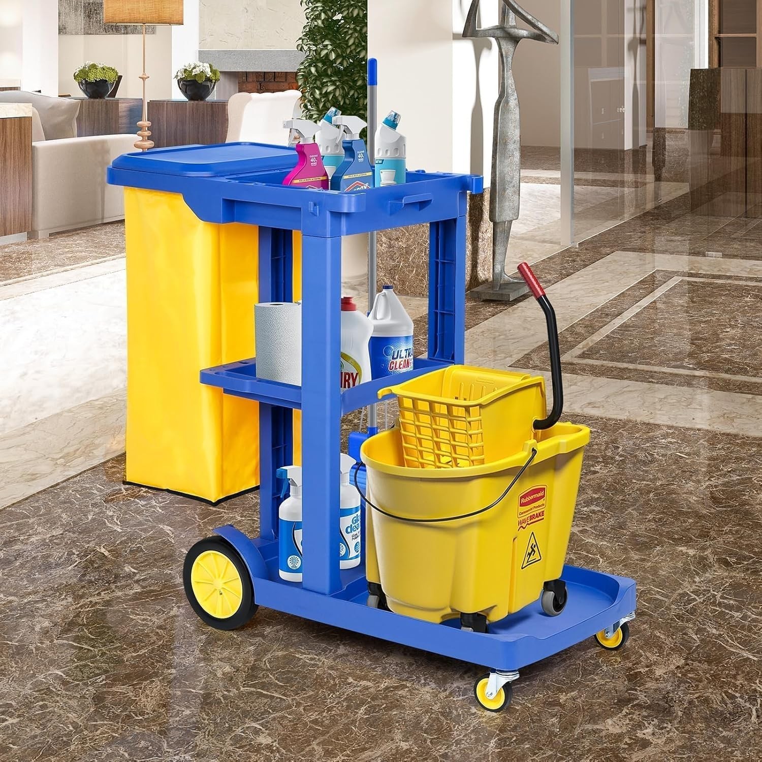 Commercial Janitorial Cart, 3-Shelf Housekeeping Cart with 22 Gallon Vinyl Bag