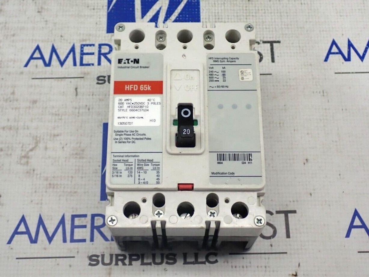 Eaton HFD3020 3 Pole 20 Amp 600 Volt 65kA@480V HFD Circuit Breaker – Tested