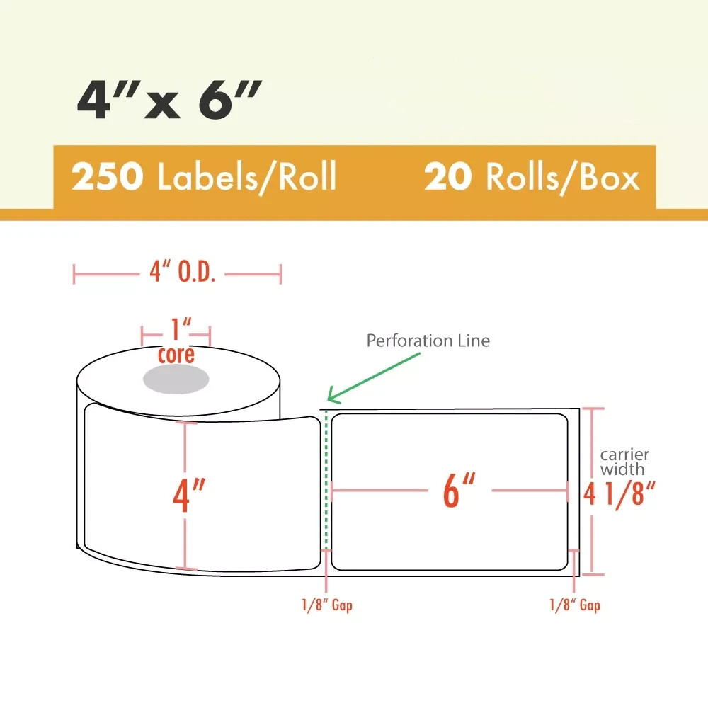 20 Rolls (5000) 4″x6″ Direct Thermal Shipping Label 250/Roll Zebra LP2844/ZP450
