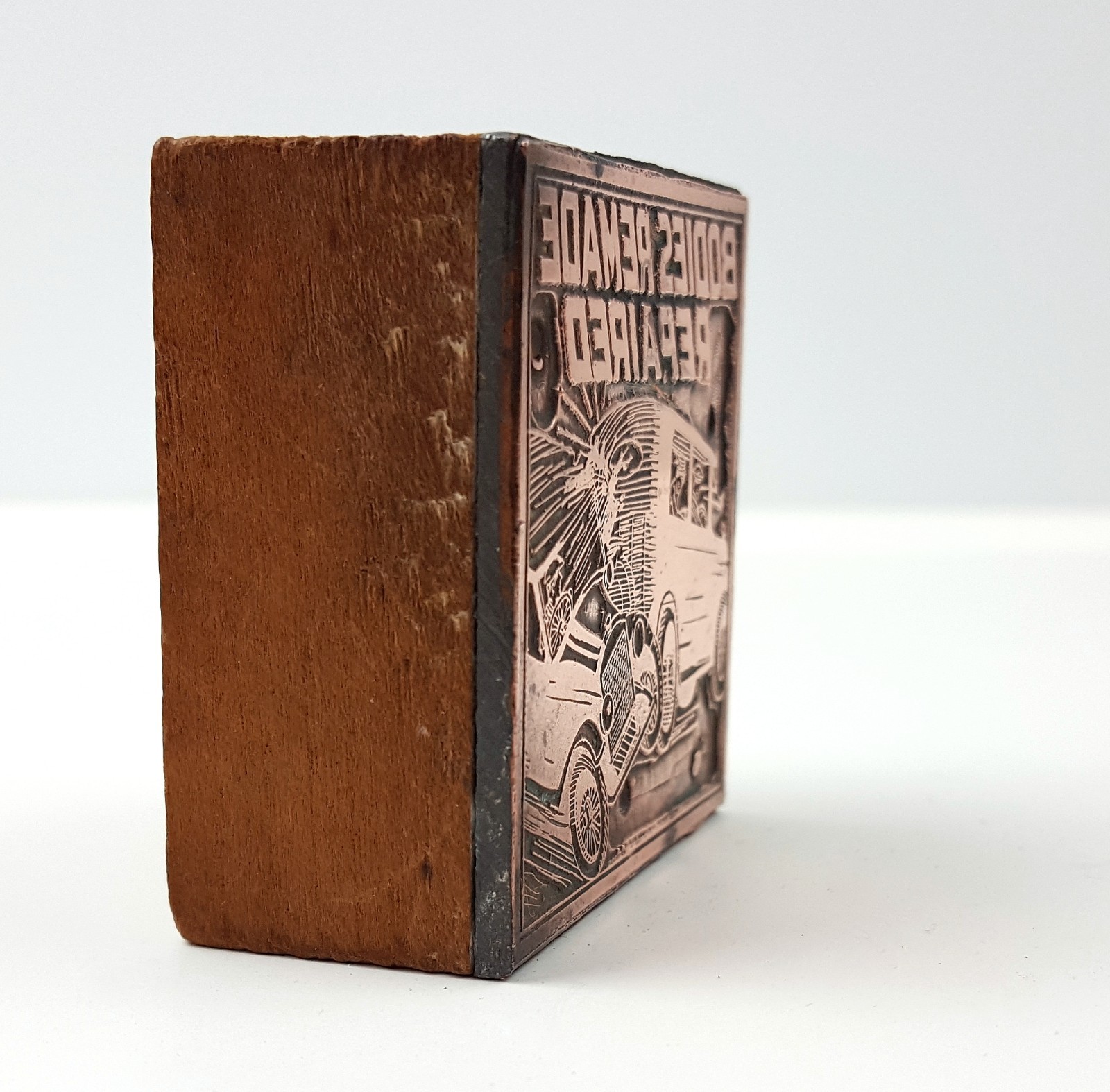 Vintage Copper & Wood Print Block Letterpress Car Crash Bodies Repaired