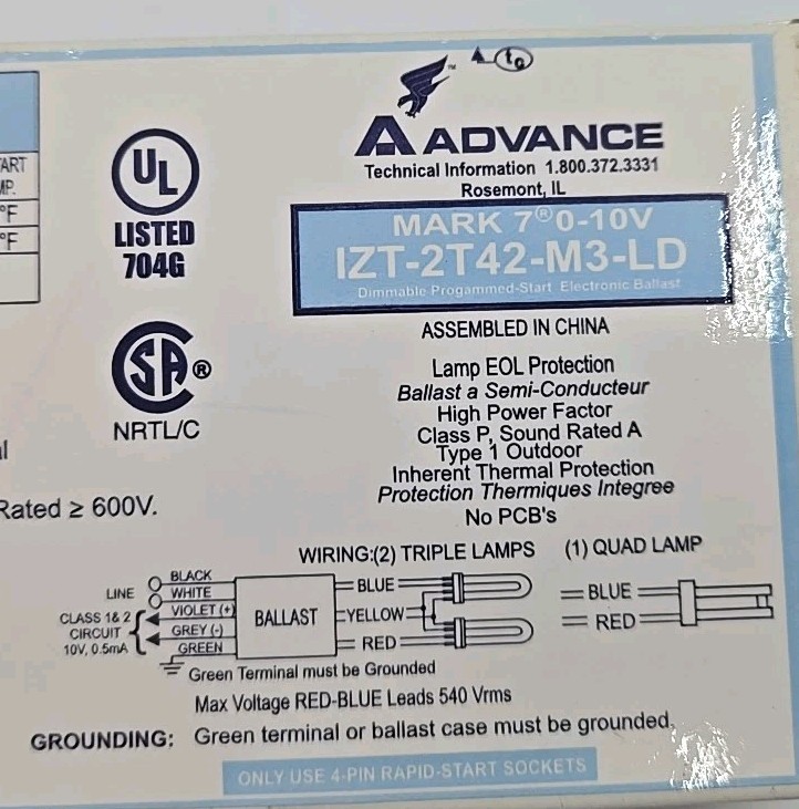 Advance IZT-2T42-M3-LD Fluorescent Dimming Ballast, 2 Lamp, CFL, 42W, 120/277V