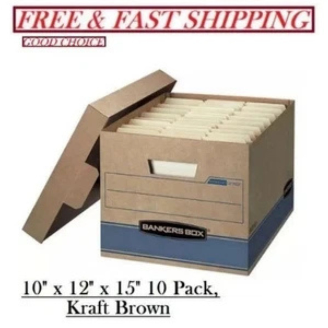 Bankers Box Heavy Duty Storage Boxes, 10″ X 12″ X 15″ (10 Pack), Kraft Brown